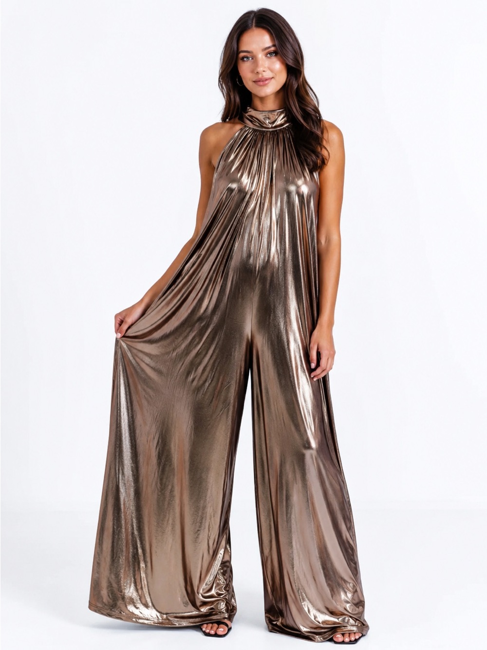 Impressions Metallic Bronze Halter-Neck Wide-Leg Jumpsuit NWT Sz Medium
